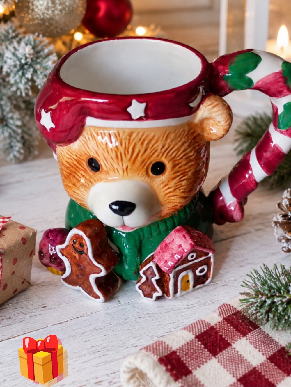 Festive Bear Christmas Mug in Red and Green 🎁 Free Gift with Purchase